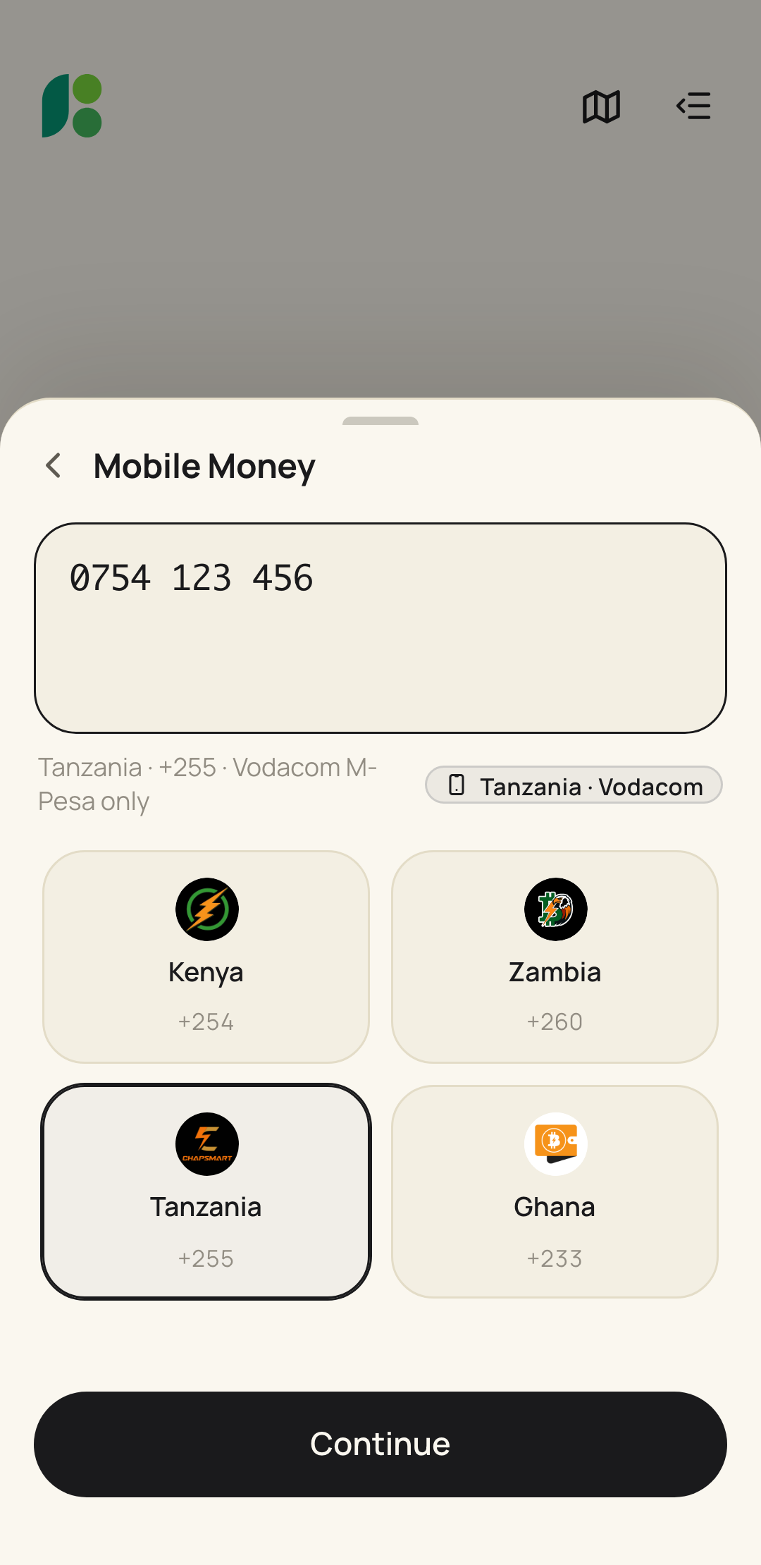 BuhoGO recognising a Tanzanian phone number as Vodacom M-Pesa